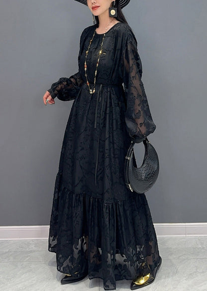 Black O-neck Tulle Maxi Dresses Lantern Sleeve