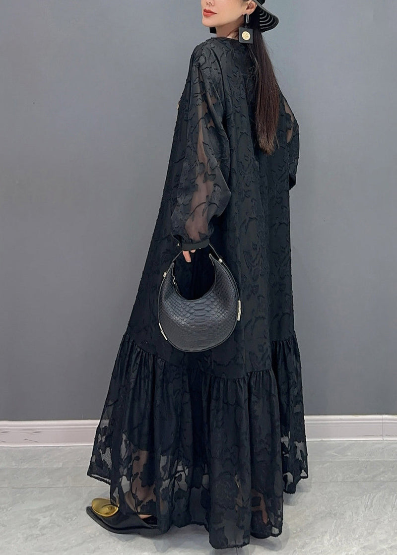 Black O-neck Tulle Maxi Dresses Lantern Sleeve