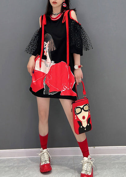 Black O-neck Tulle Patchwork Belle Mid Dress Half Sleeve