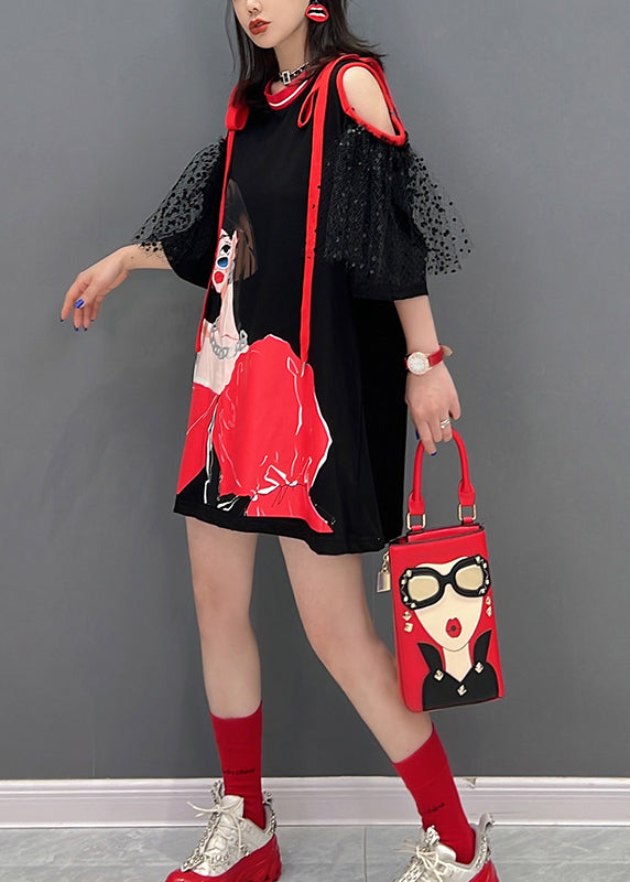 Black O-neck Tulle Patchwork Belle Mid Dress Half Sleeve