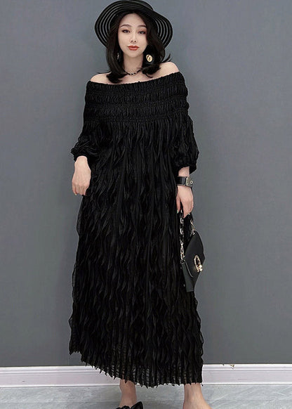 Black O-neck Wave Silk Long Dress Half Sleeve