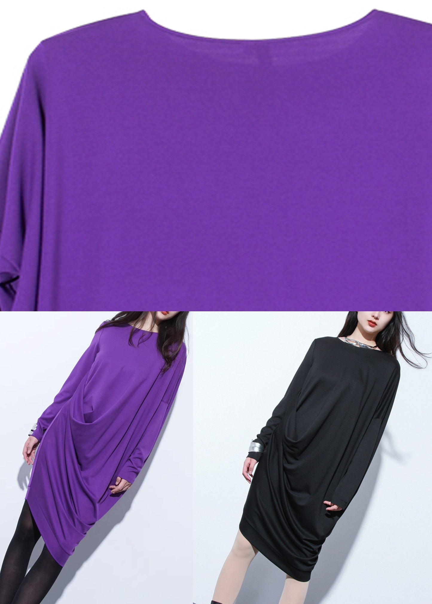 Black O-neck Wrinkled Long Dresses Long Sleeve