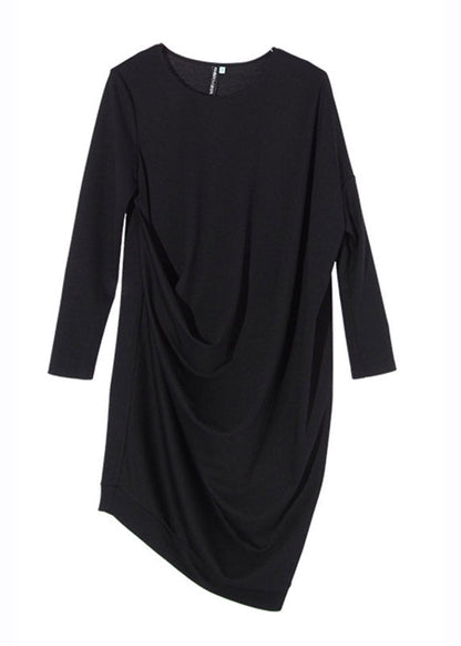 Black O-neck Wrinkled Long Dresses Long Sleeve