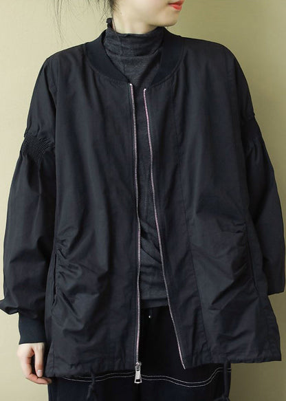 Black O-neck Zip Up Wrinkled Drawstring Long Sleeve