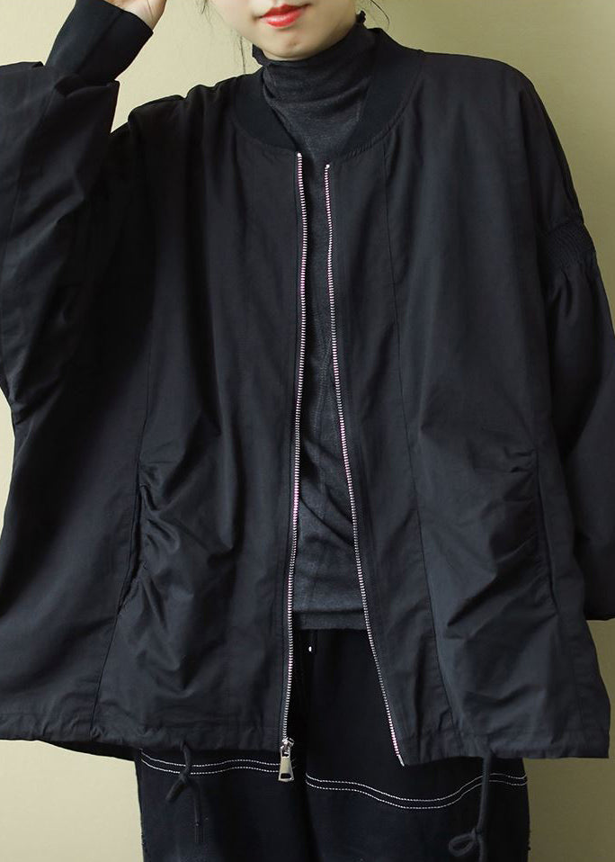 Black O-neck Zip Up Wrinkled Drawstring Long Sleeve