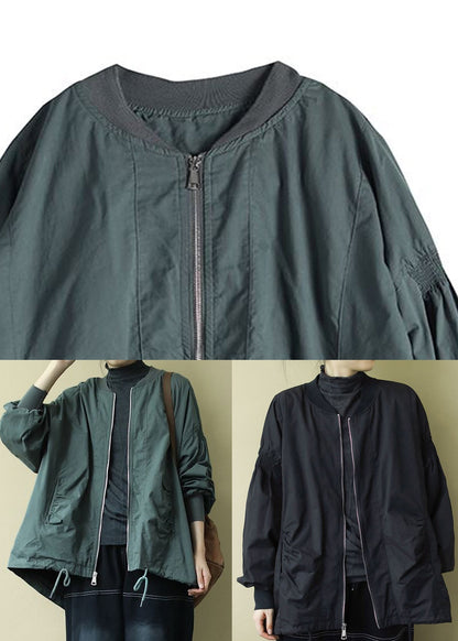 Black O-neck Zip Up Wrinkled Drawstring Long Sleeve