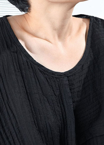 Black O-neck Wrinkled Blouses Half Sleeve
