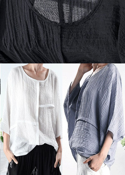 Black O-neck Wrinkled Blouses Half Sleeve