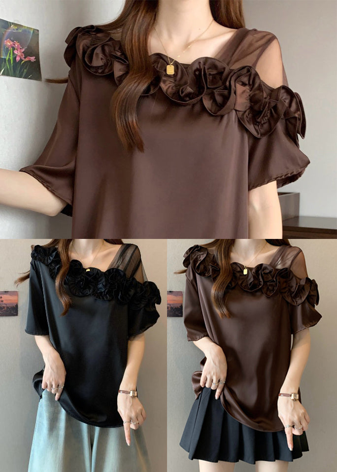 Black One Shoulder Shirt Ruffled Summer