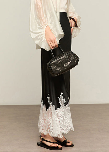 Black Original Design Lace Patchwork Silk Summer Skirt High Waist