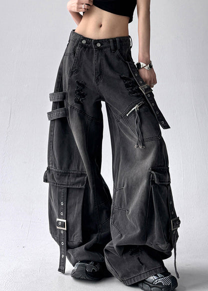 Black Original Design Pockets Denim Pants High Waist