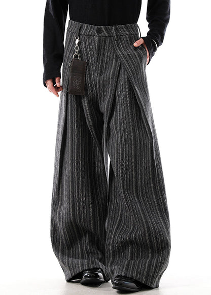 Black Original Design Striped Woolen Wide Leg Pants High Waist