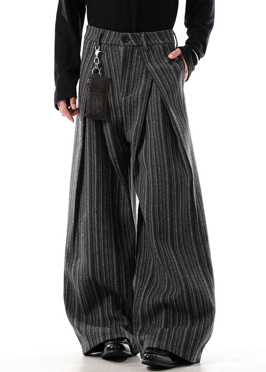 Black Original Design Striped Woolen Wide Leg Pants High Waist