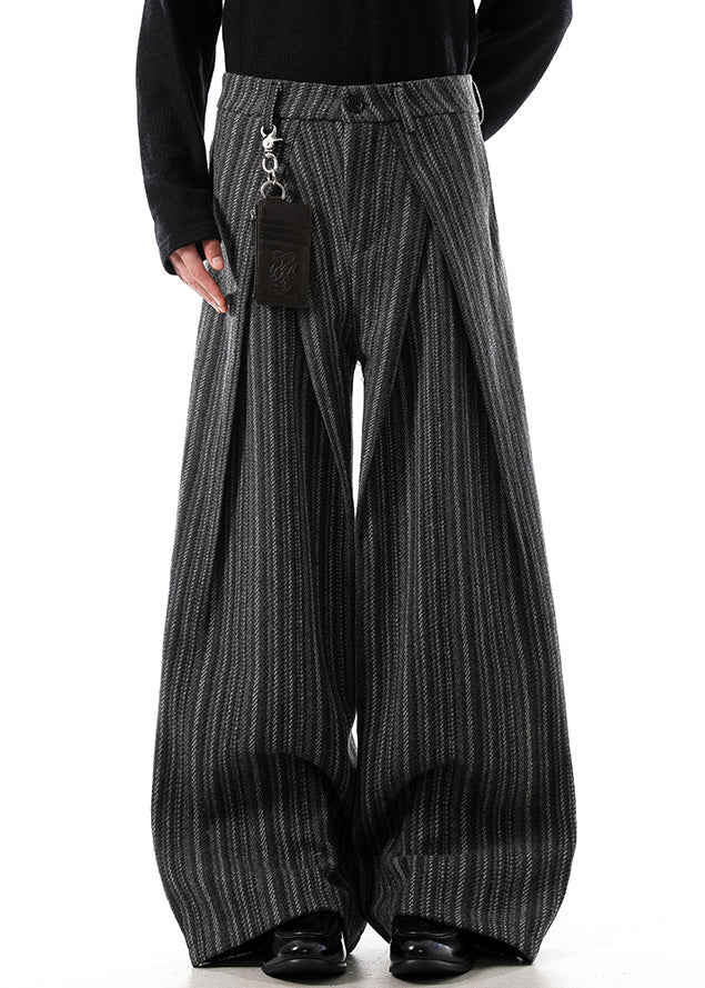 Black Original Design Striped Woolen Wide Leg Pants High Waist