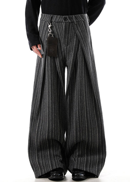 Black Original Design Striped Woolen Wide Leg Pants High Waist