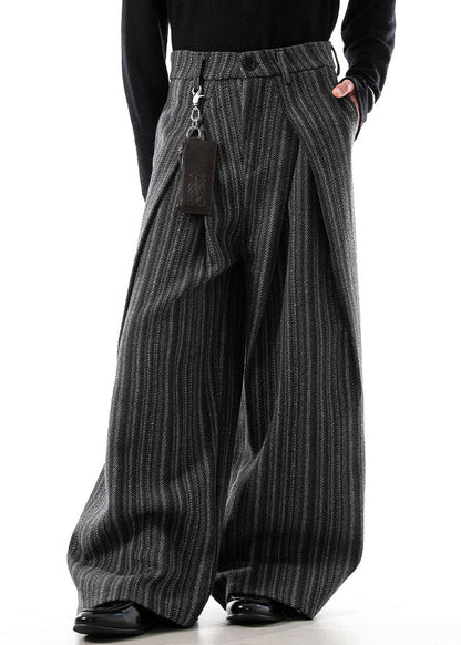 Black Original Design Striped Woolen Wide Leg Pants High Waist