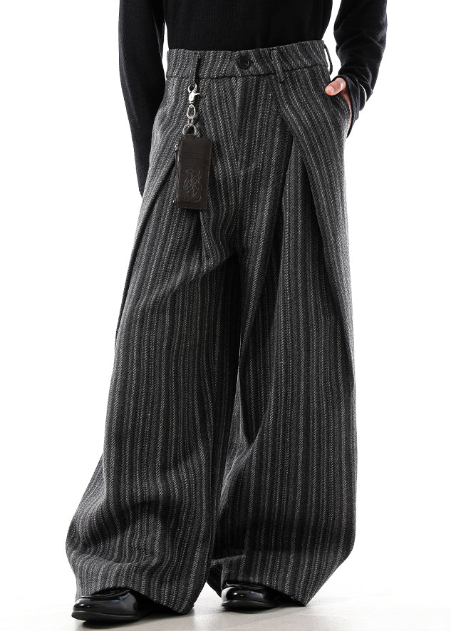 Black Original Design Striped Woolen Wide Leg Pants High Waist