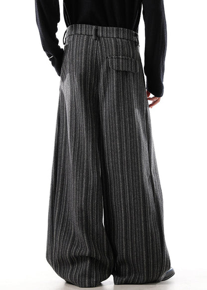 Black Original Design Striped Woolen Wide Leg Pants High Waist