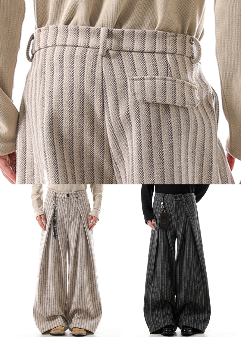 Black Original Design Striped Woolen Wide Leg Pants High Waist