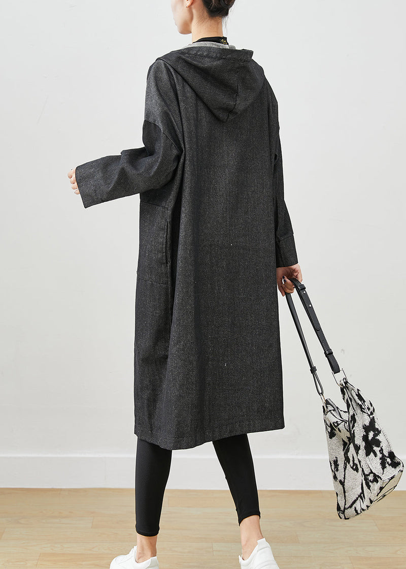 Black Oversized Denim Trench Coats Hooded Pockets Fall