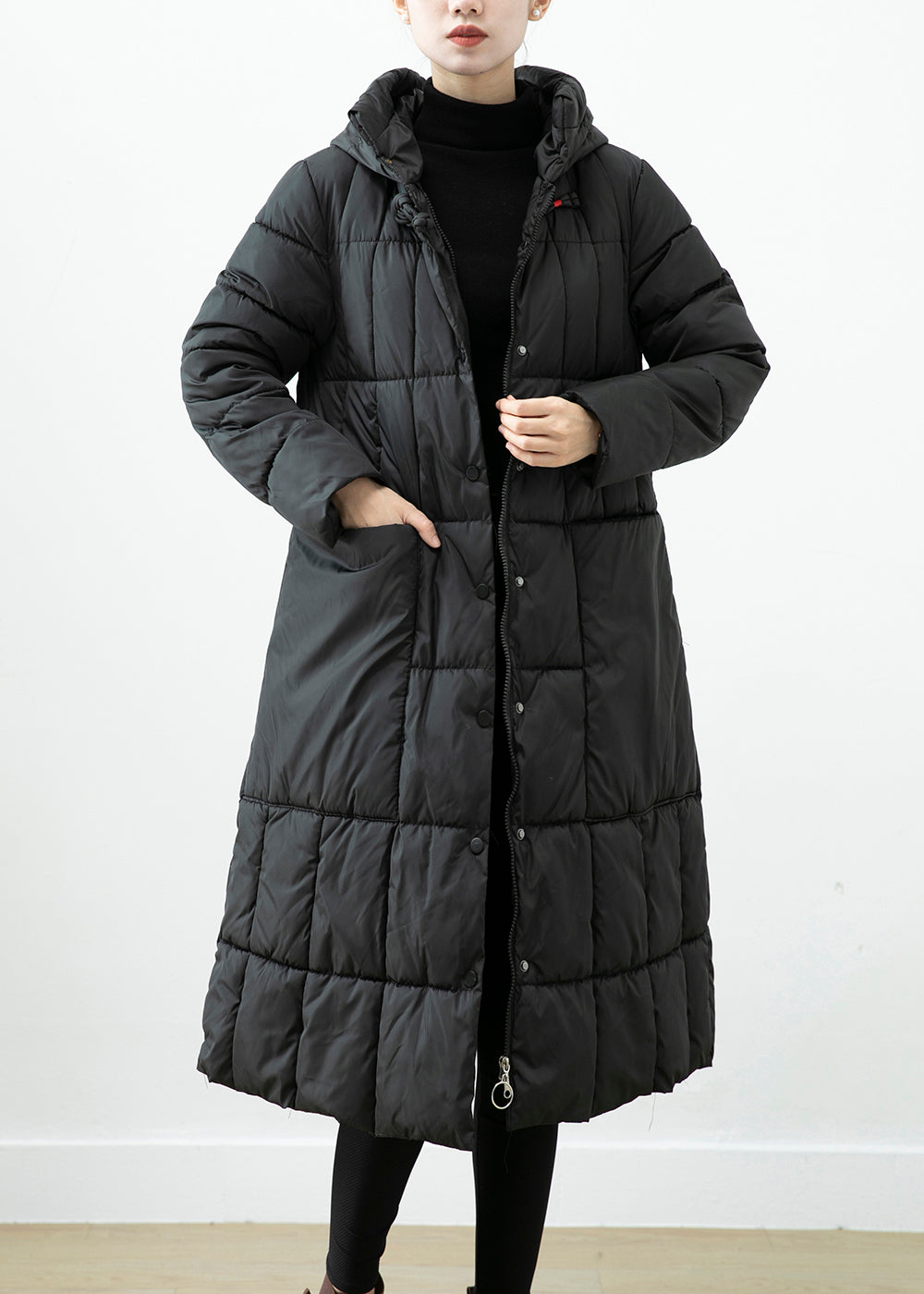 Black Oversized Fine Cotton Filled Jacket in Winter Hooded Big Pockets