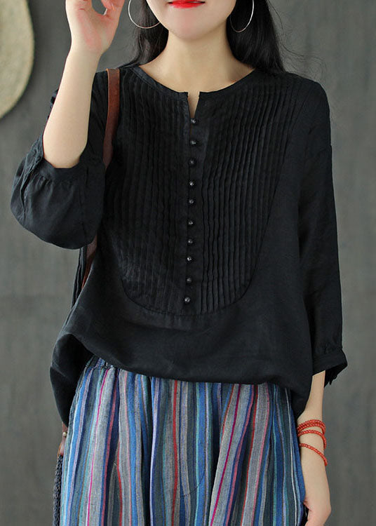 Black Oversized Linen Tank O-neck Wrinkled Oriental Button Short Sleeve