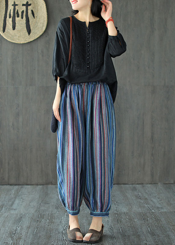 Black Oversized Linen Tank O-neck Wrinkled Oriental Button Short Sleeve