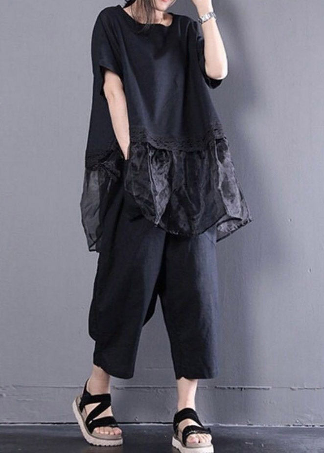 Black Oversized Organza Patchwork Top and Harm Pants Two Pieces Set Summer