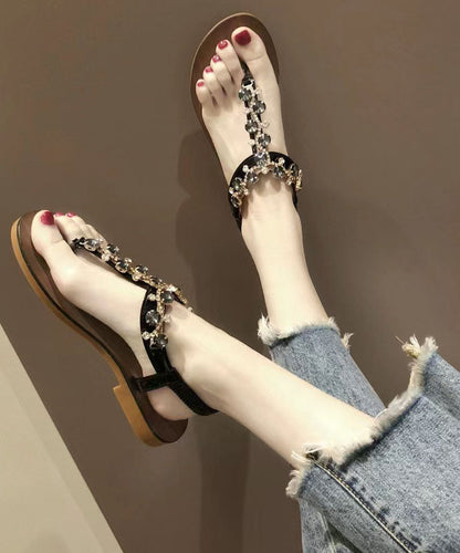 Black Pu Splicing Zircon Beach Flip Flops Walking Sandals