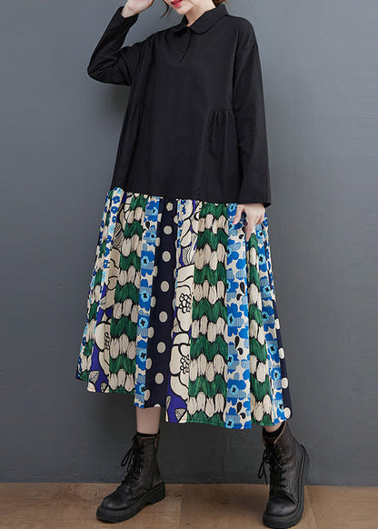 Black Patchwork Cotton a Line Dress Oversized Print Fall