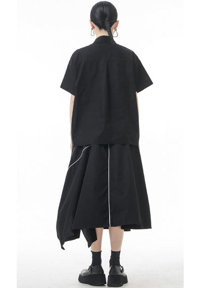 Black Patchwork Cotton Blouses Oversized Short Sleeve