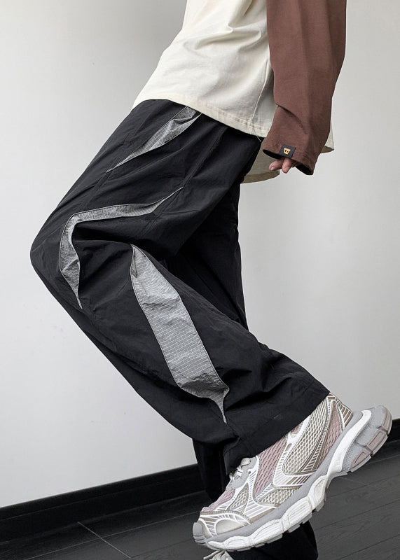Black Patchwork Cotton Fall Pants Elastic Waist