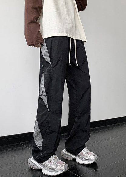 Black Patchwork Cotton Fall Pants Elastic Waist