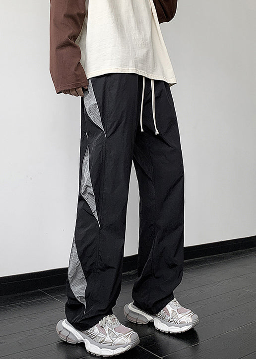 Black Patchwork Cotton Fall Pants Elastic Waist