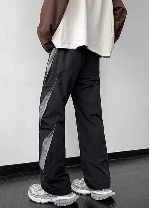 Black Patchwork Cotton Fall Pants Elastic Waist