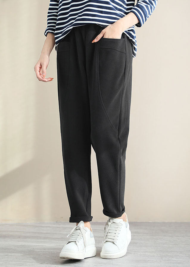 Black Patchwork Cotton Pants Pockets Color Spring