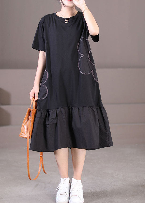 Black Patchwork Cotton Pleated Dress O-neck Color Short Sleeve