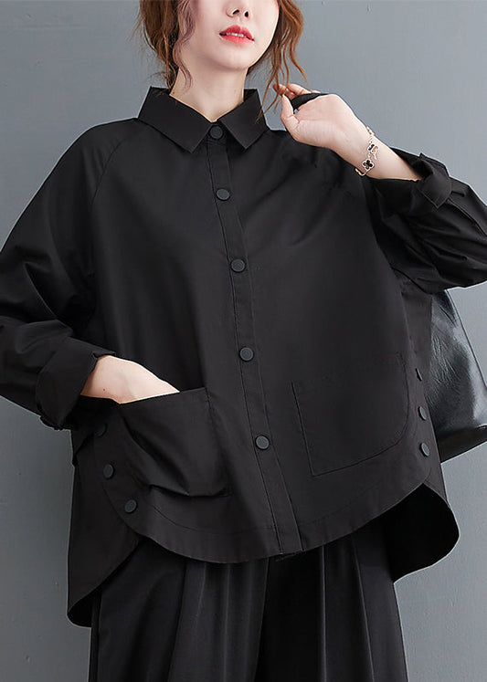 Black Patchwork Cotton Shirt Top Oversized Pockets Fall