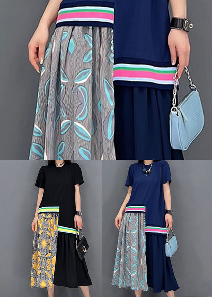 Black Patchwork Cotton Vacation Pleated Dresses O-neck Print Short Sleeve