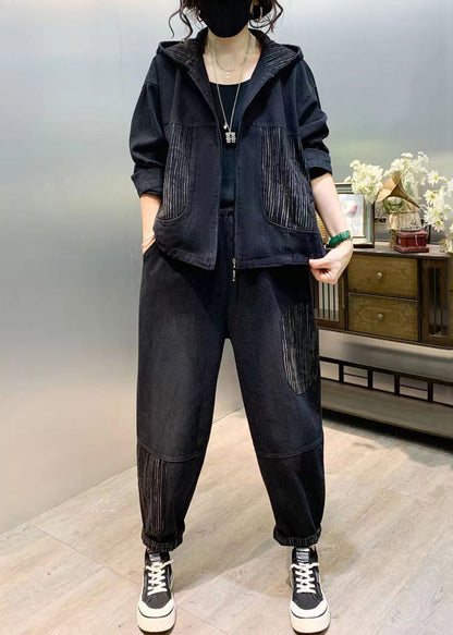 Black Patchwork Denim Two Piece Set Tops and Pants Fall