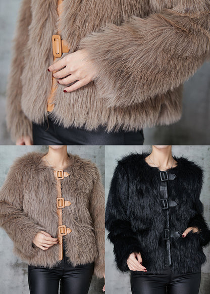 Black Patchwork Faux Fur Coat O-neck Winter