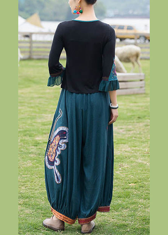 Black Patchwork Green Ruffles Top and Lantern Pants Two Piece Set Summer