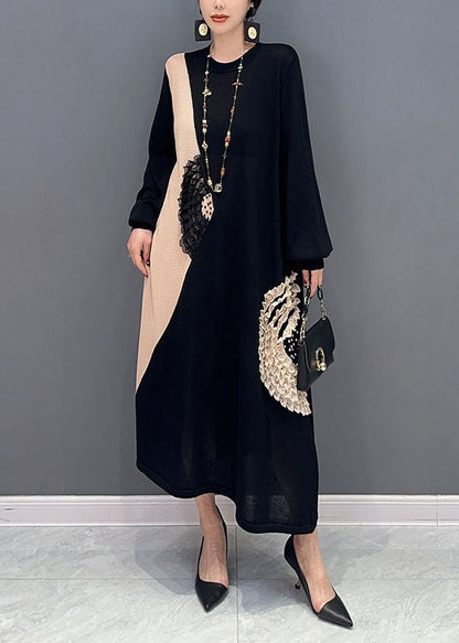 Black Patchwork Knit Long Dresses O-neck Ruffled Summer