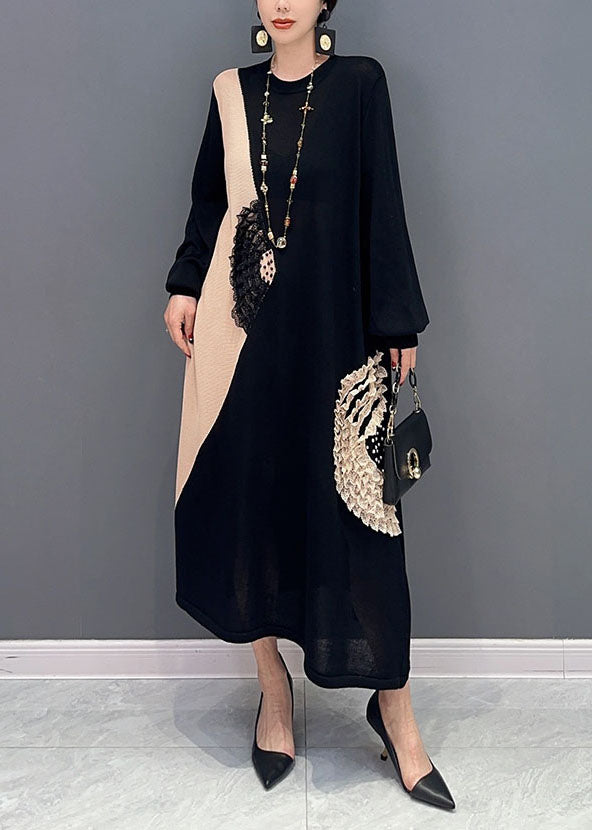 Black Patchwork Knit Long Dresses O-neck Ruffled Summer