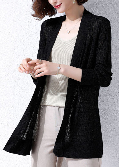 Black Patchwork Knit Cardigans Embroideried Hollow Out Fall