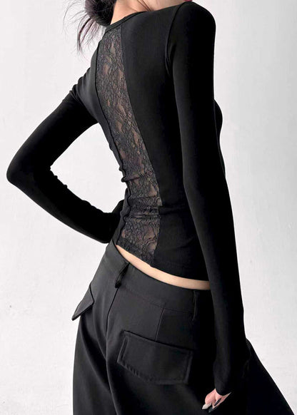 Black Patchwork Lace Blouse Top Hollow Out Fall