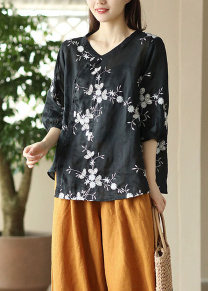Black Patchwork Linen Top O-neck Embroideried Button Summer