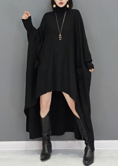 Black Patchwork Knit Sweater Dress Hign Neck Fall