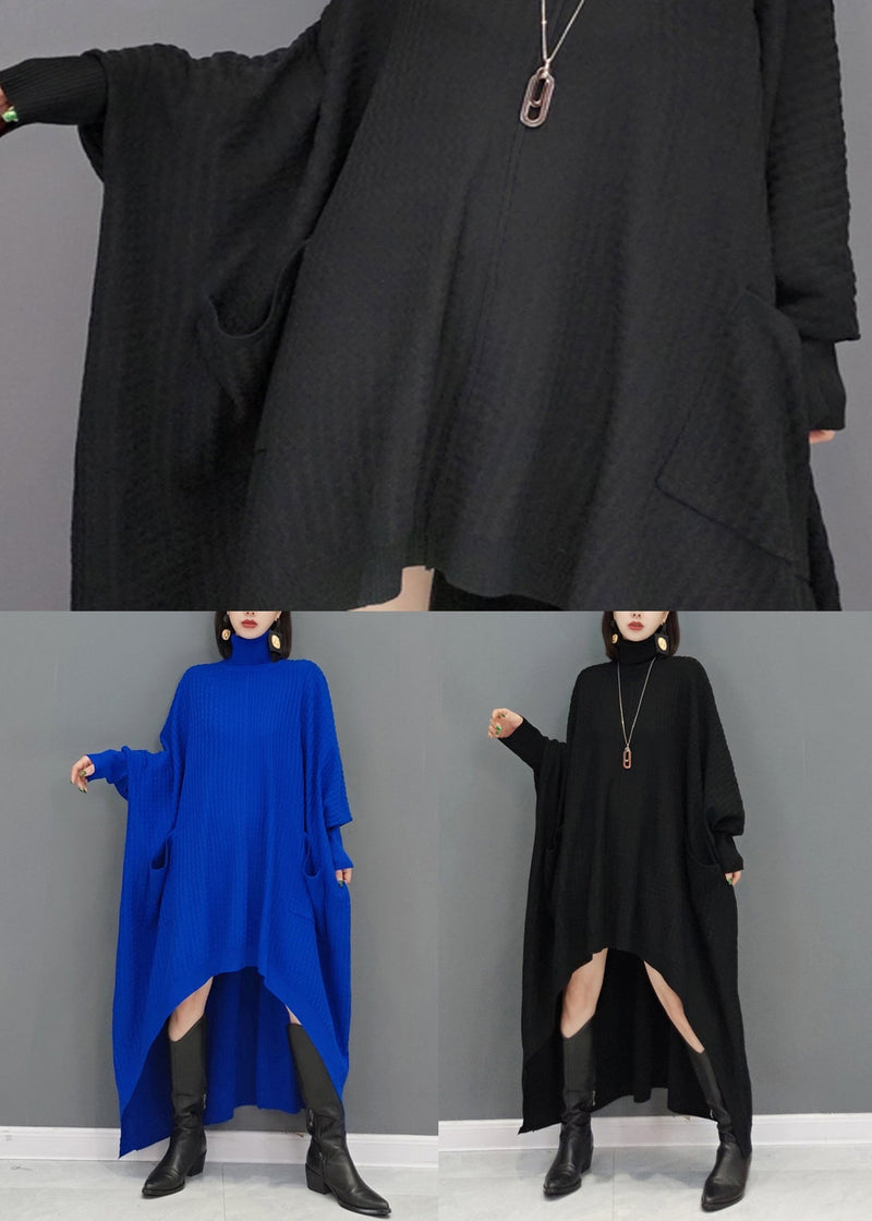 Black Patchwork Knit Sweater Dress Hign Neck Fall