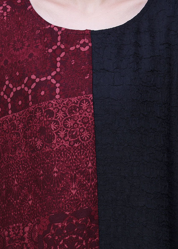 Black Patchwork Red O-neck Pockets Silk Dresses Spring